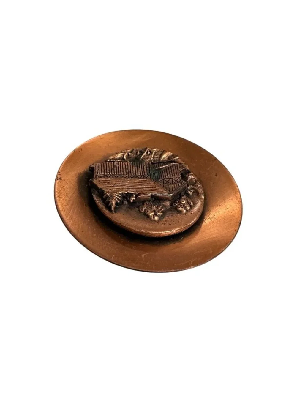 Vintage Copper Covered Bridge Brooch Pin Round 1.75